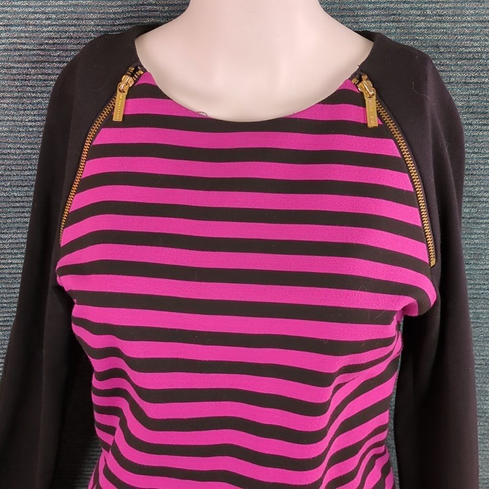 Michael Kors Zip Shoulder Dress Magenta & Black Striped Long Sleeves - Picture 3 of 10